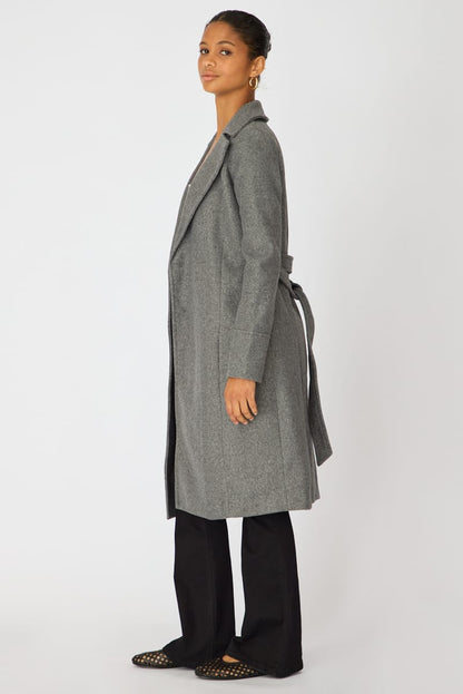 Grey Belted Coat Knee Length Long Sleeve