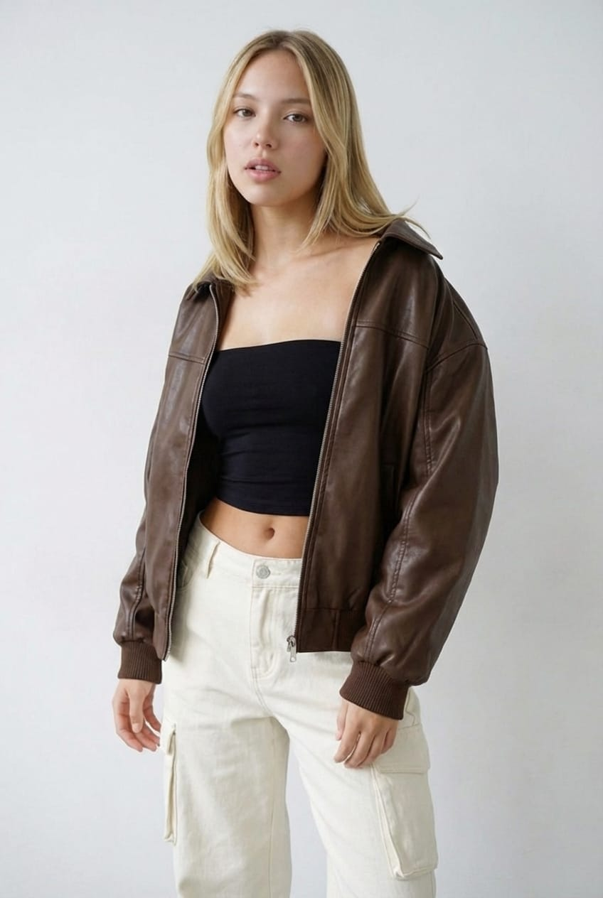 Brown Bomber Jacket Faux Leather