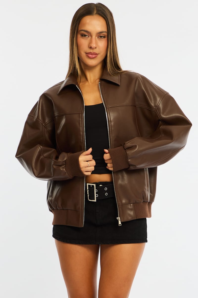 Brown Bomber Jacket Faux Leather