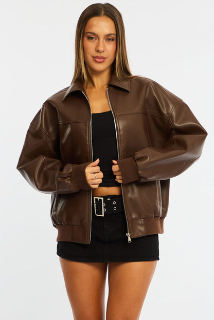 Brown Bomber Jacket Faux Leather