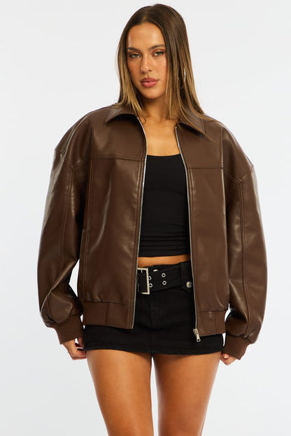 Brown Bomber Jacket Faux Leather