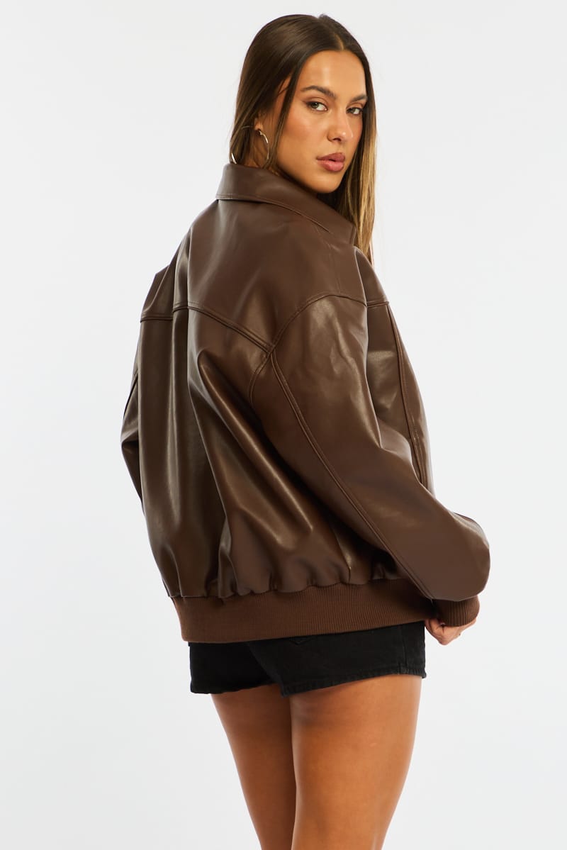 Brown Bomber Jacket Faux Leather