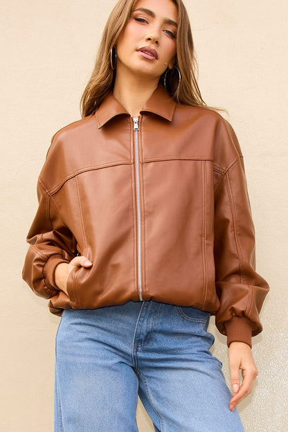 Beige Bomber Jacket Faux Leather