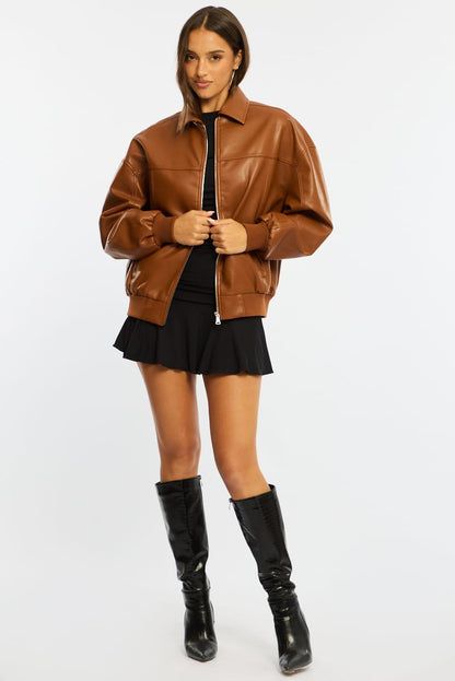 Beige Bomber Jacket Faux Leather