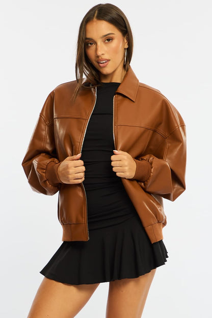 Beige Bomber Jacket Faux Leather