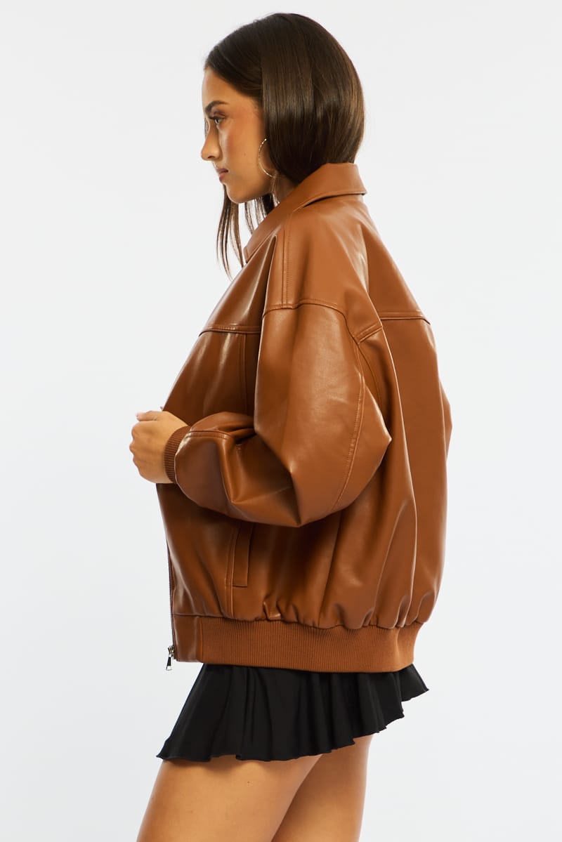 Beige Bomber Jacket Faux Leather