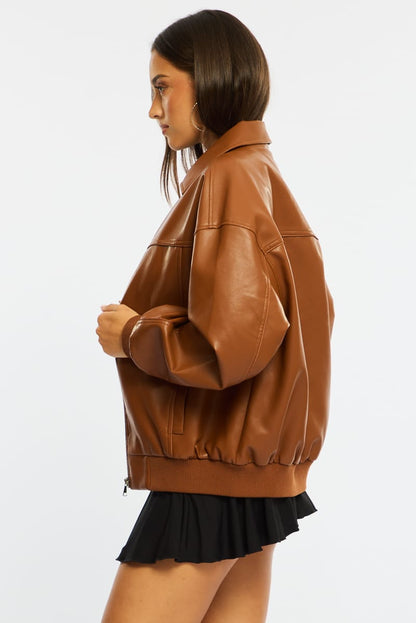 Beige Bomber Jacket Faux Leather