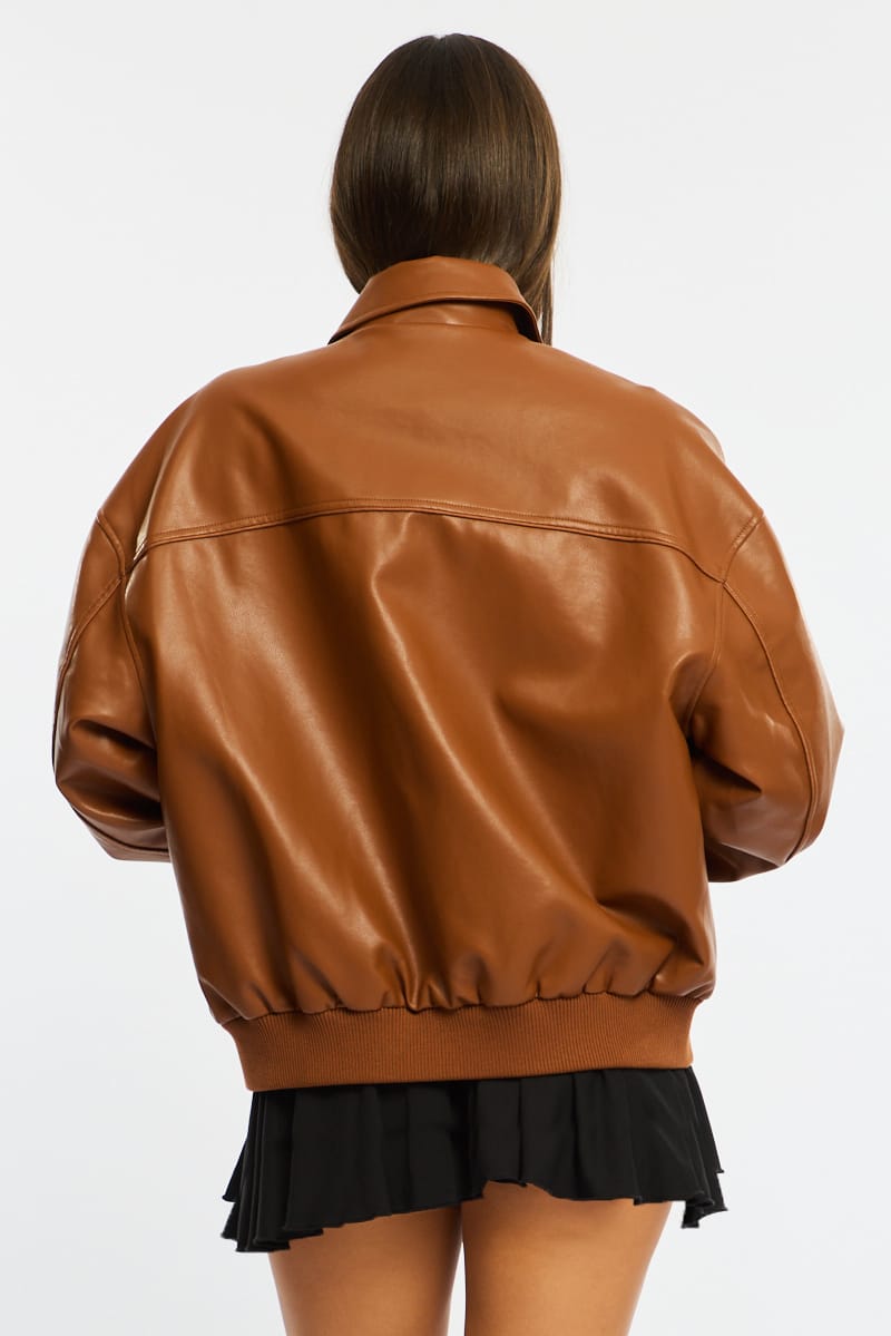 Beige Bomber Jacket Faux Leather