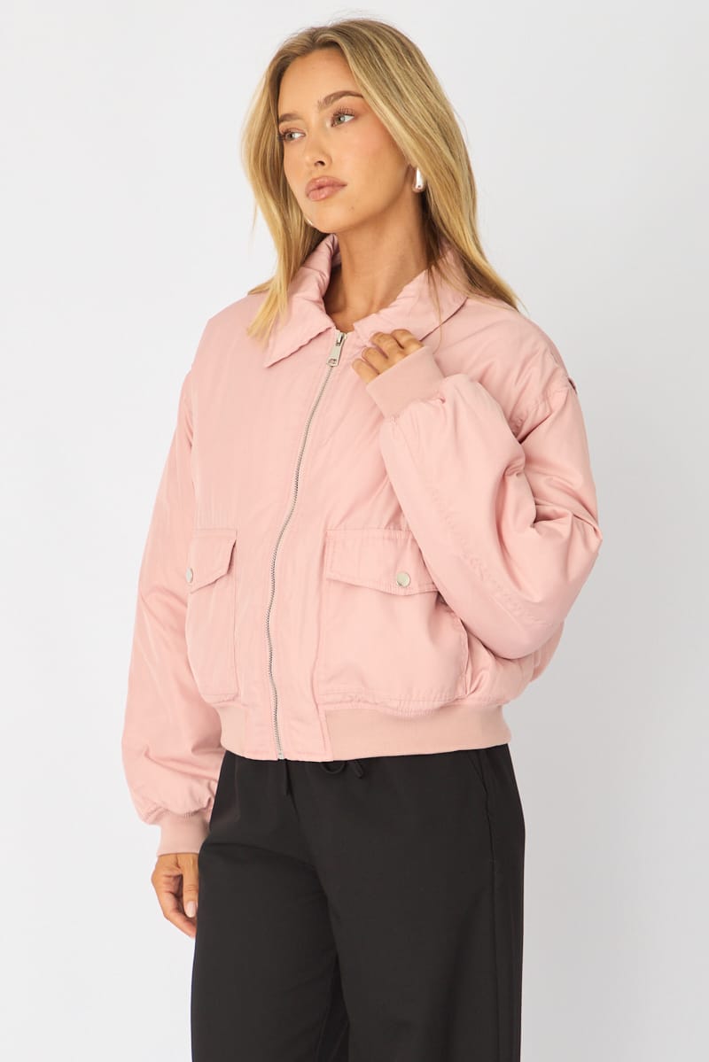 Pink Bomber Jacket Collared