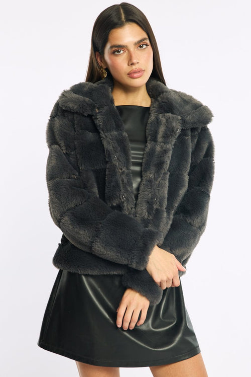 Grey Faux Fur Jacket With Lapel Collar