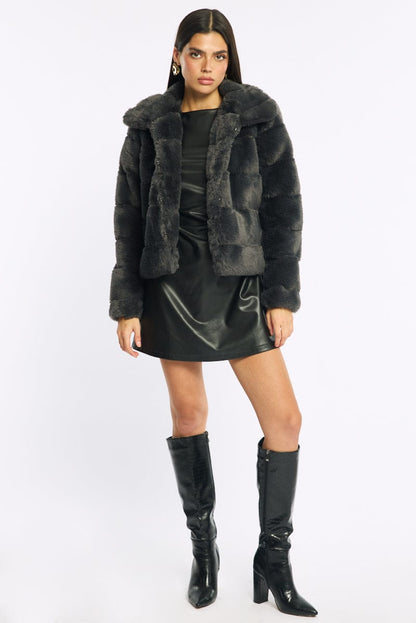 Grey Faux Fur Jacket With Lapel Collar