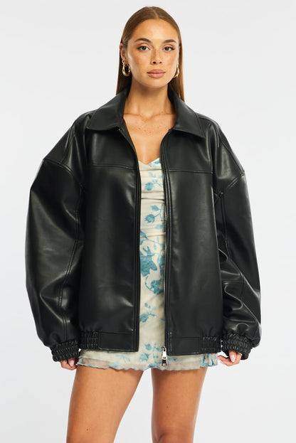 Black Bomber Jacket Faux Leather