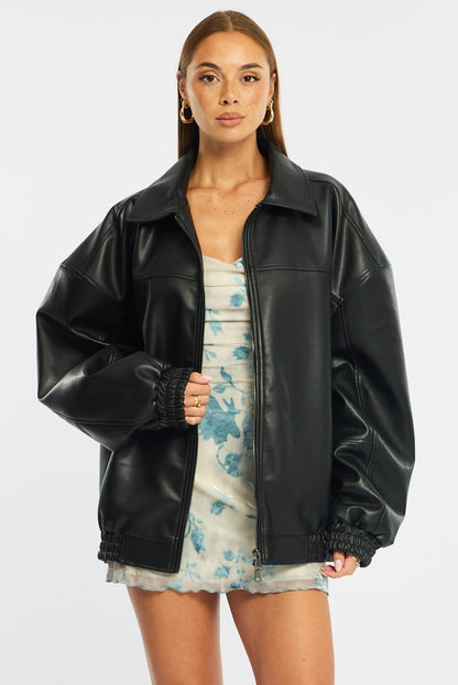 Black Bomber Jacket Faux Leather