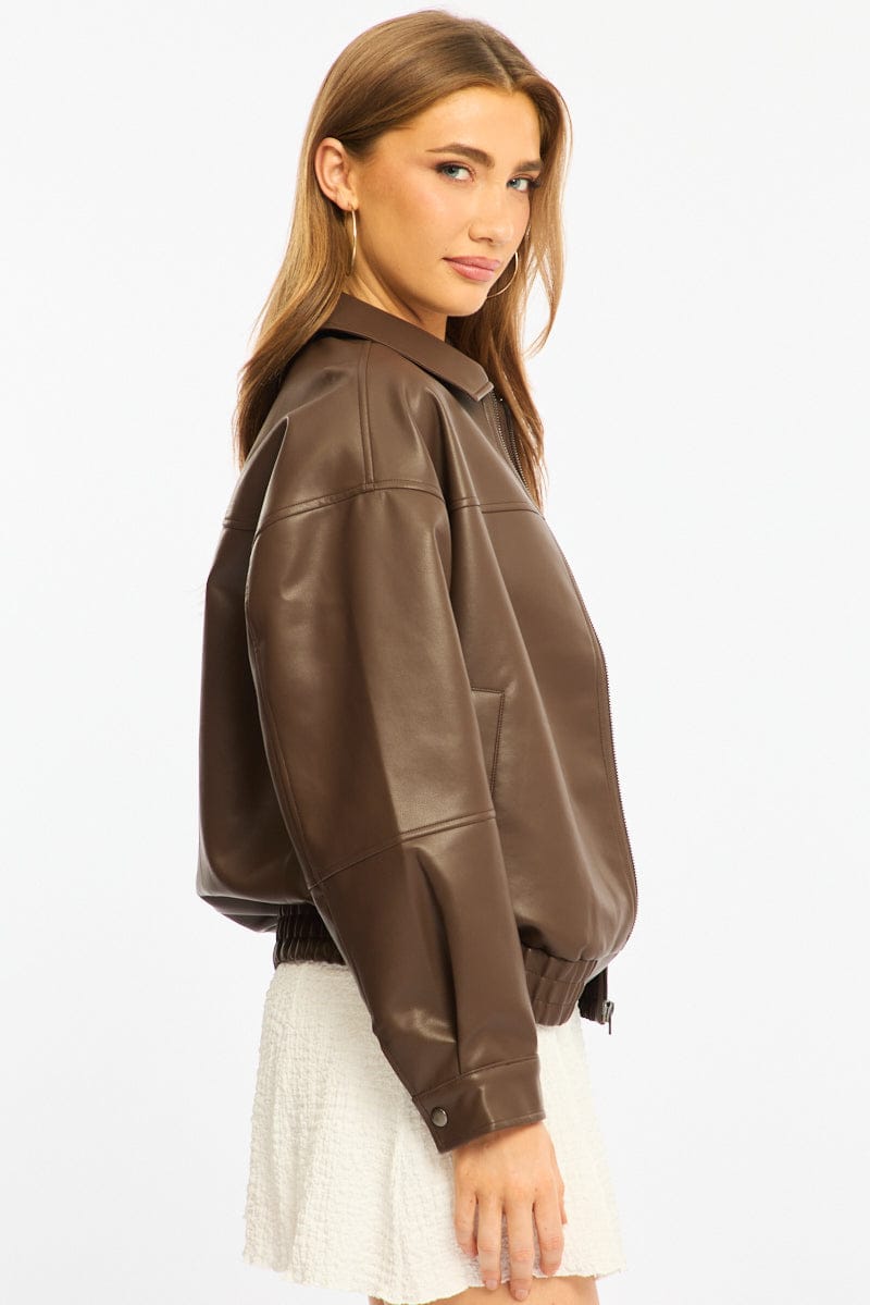 Brown Bomber Jacket Faux Leather