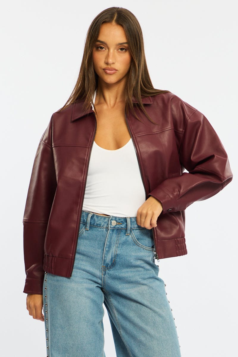 Red Bomber Jacket Faux Leather