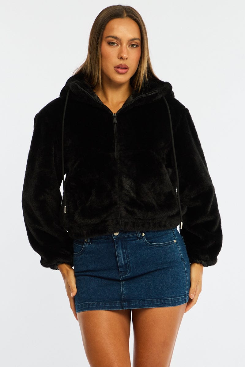 Black Faux Fur Jacket Hoodie