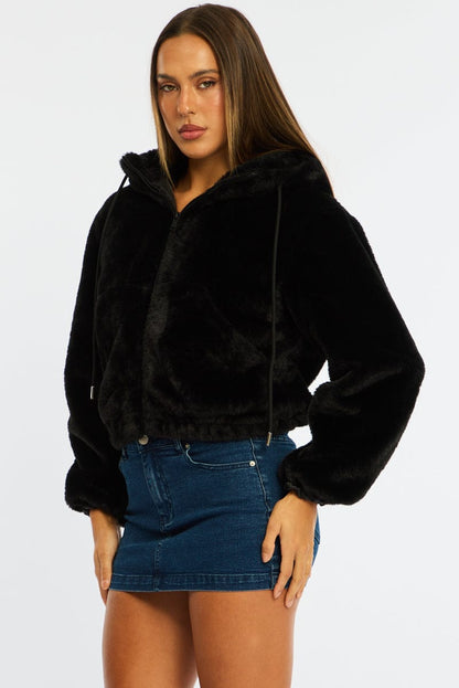 Black Faux Fur Jacket Hoodie