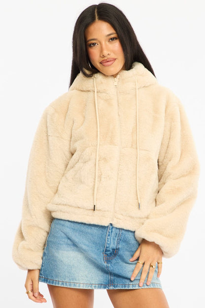 Beige Faux Fur Jacket Hoodie