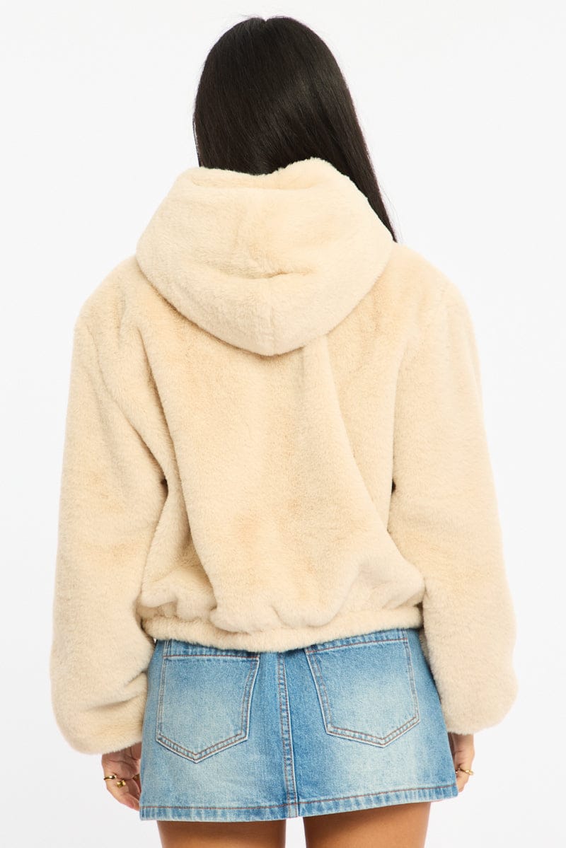 Beige Faux Fur Jacket Hoodie