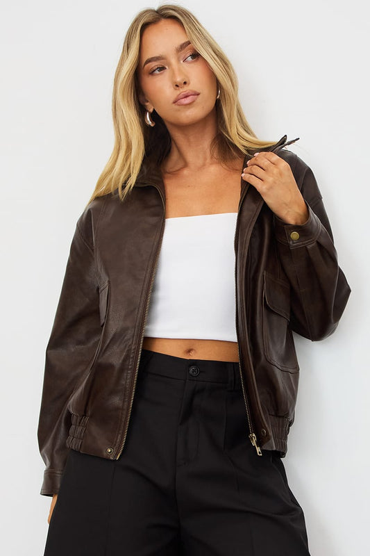 Brown Bomber Jacket Washed Faux Leather