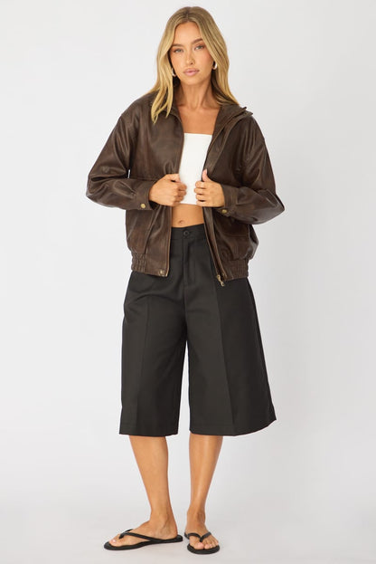 Brown Bomber Jacket Washed Faux Leather