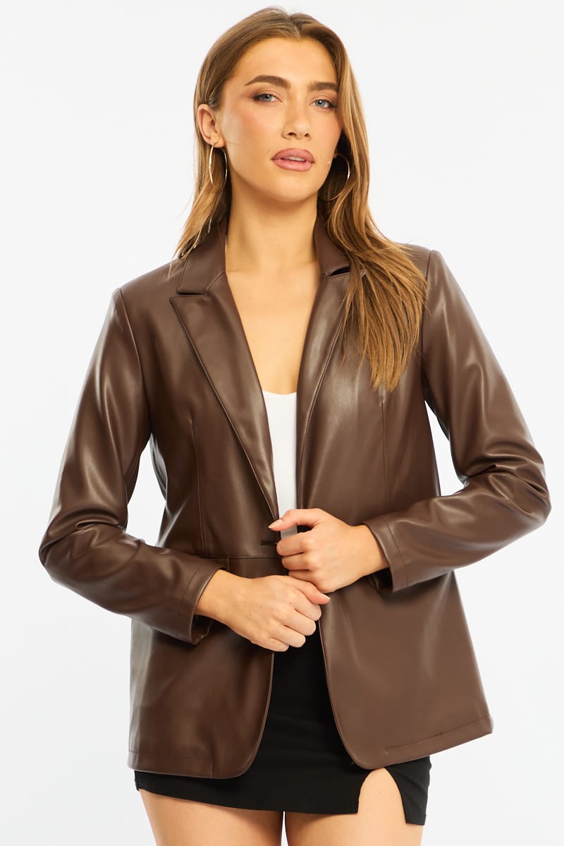Brown Oversized Blazer Faux Leather