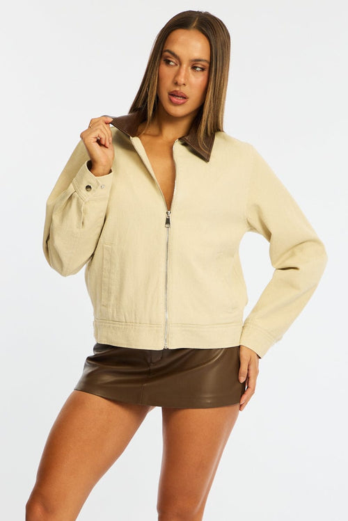 Beige Worker Jacket Faux Leather Collar