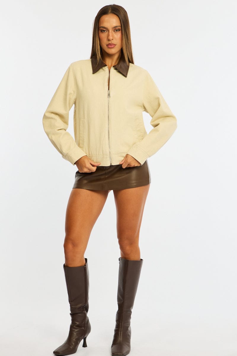 Beige Worker Jacket Faux Leather Collar