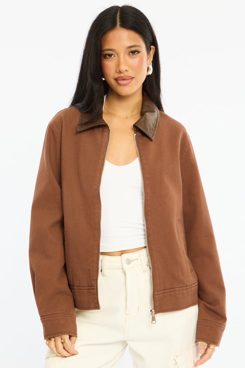Brown Worker Jacket Faux Leather Collar