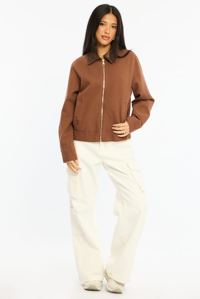 Brown Worker Jacket Faux Leather Collar