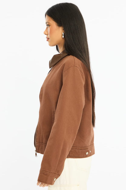 Brown Worker Jacket Faux Leather Collar
