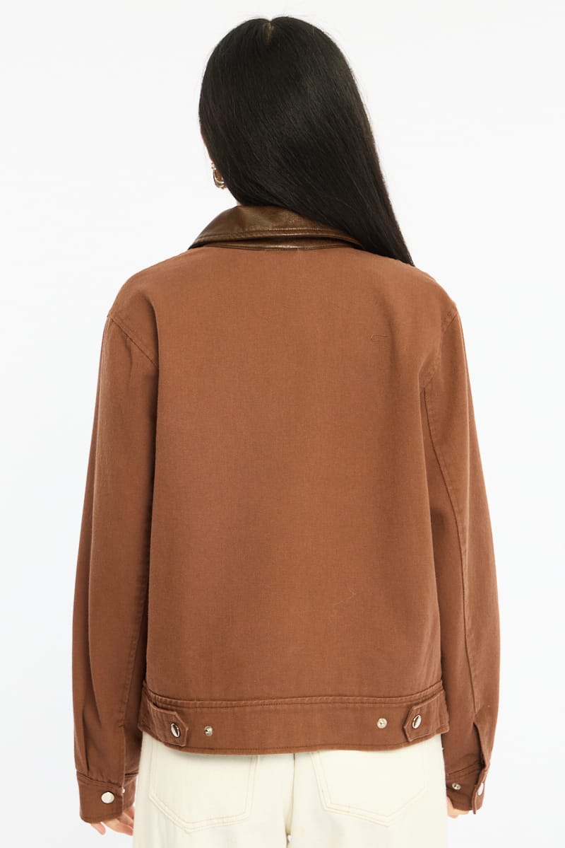 Brown Worker Jacket Faux Leather Collar