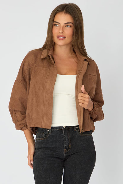Beige Collared Jacket Suede