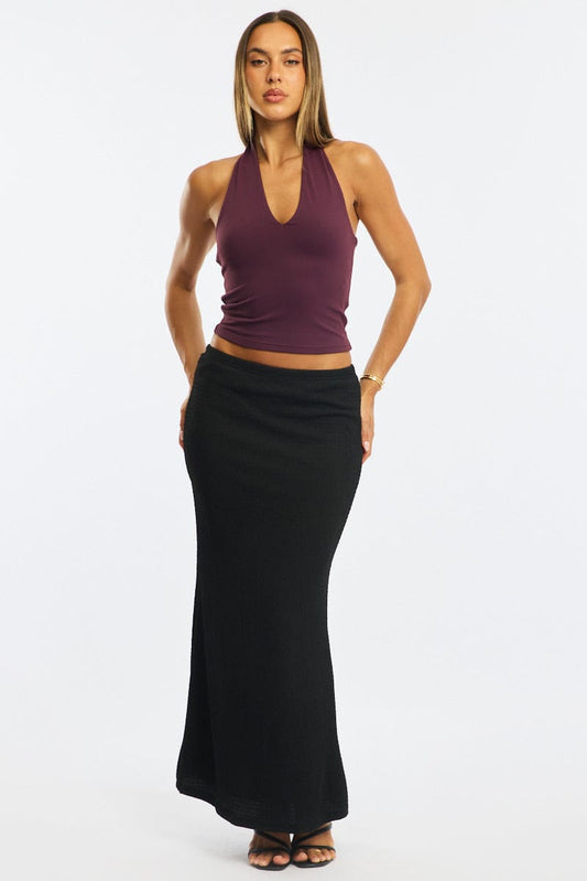 Black Maxi Skirt Elasticated Waist Textured Half Lined