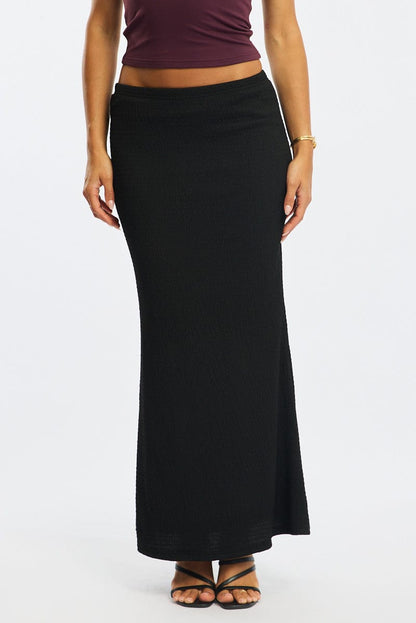 Black Maxi Skirt Elasticated Waist Textured Half Lined