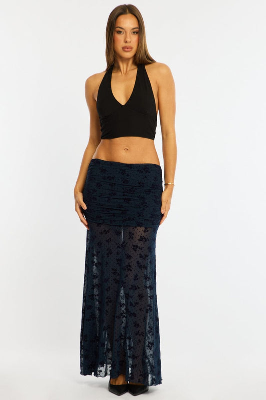 Blue Maxi Skirt High Waisted Fit & Flare Burnout