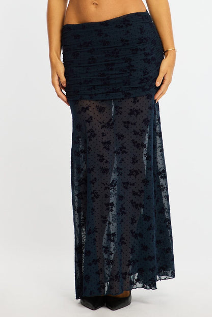 Blue Maxi Skirt High Waisted Fit & Flare Burnout