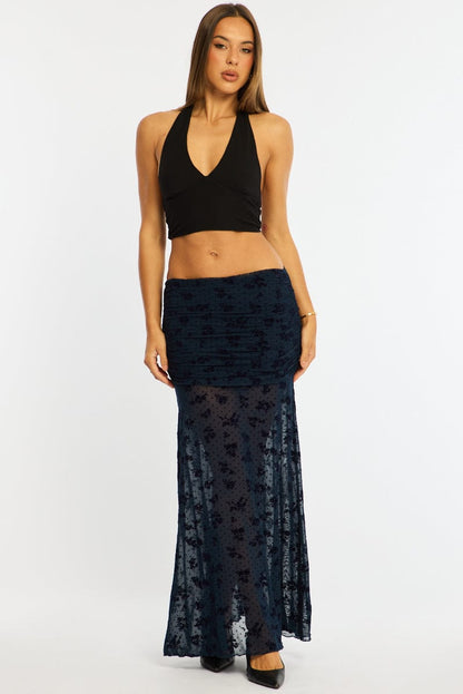 Blue Maxi Skirt High Waisted Fit & Flare Burnout