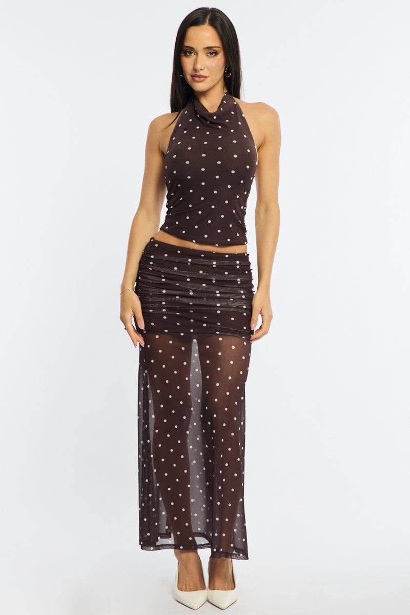 Brown Polka Dot Maxi Skirt Elastic Waist Gathered Fit & Flare Mesh