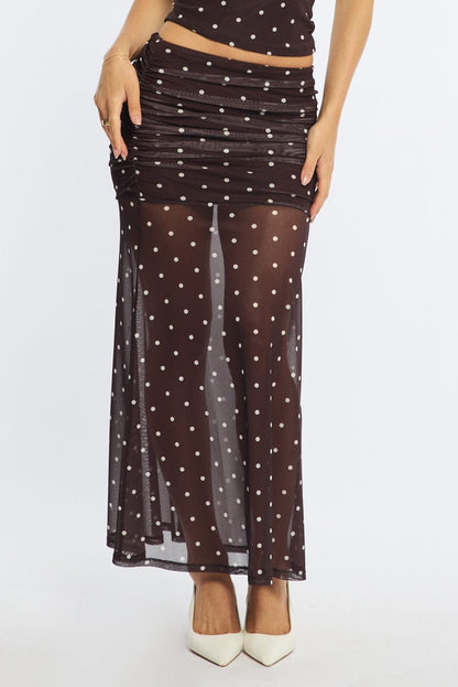 Brown Polka Dot Maxi Skirt Elastic Waist Gathered Fit & Flare Mesh