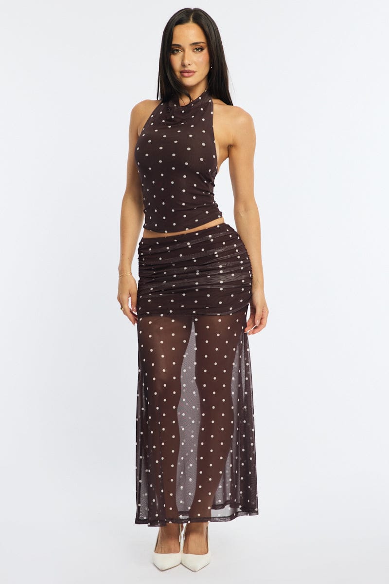 Brown Polka Dot Maxi Skirt Elastic Waist Gathered Fit & Flare Mesh