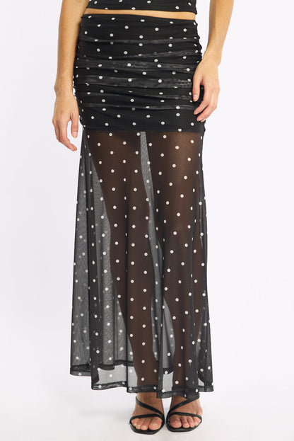 Black Polka Dot Maxi Skirt Elastic Waist Gathered Fit & Flare Mesh