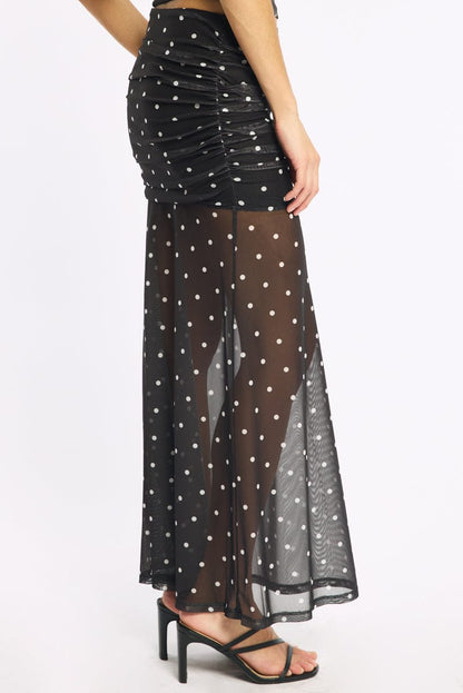 Black Polka Dot Maxi Skirt Elastic Waist Gathered Fit & Flare Mesh