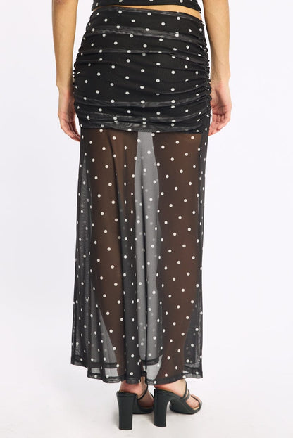 Black Polka Dot Maxi Skirt Elastic Waist Gathered Fit & Flare Mesh