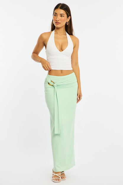 Green Hardware Maxi Skirt Mid Rise Side Split Lined
