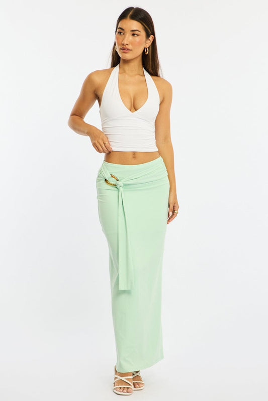 Green Hardware Maxi Skirt Mid Rise Side Split Lined