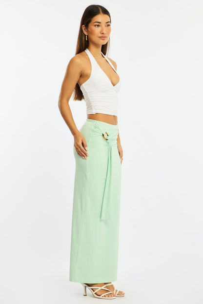 Green Hardware Maxi Skirt Mid Rise Side Split Lined