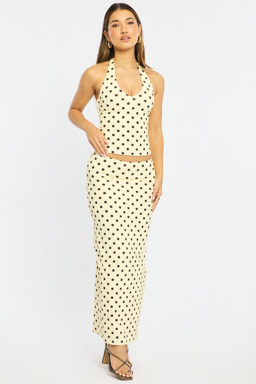 Yellow Polka Dot Supersoft Maxi Skirt Elastic Waist Lined