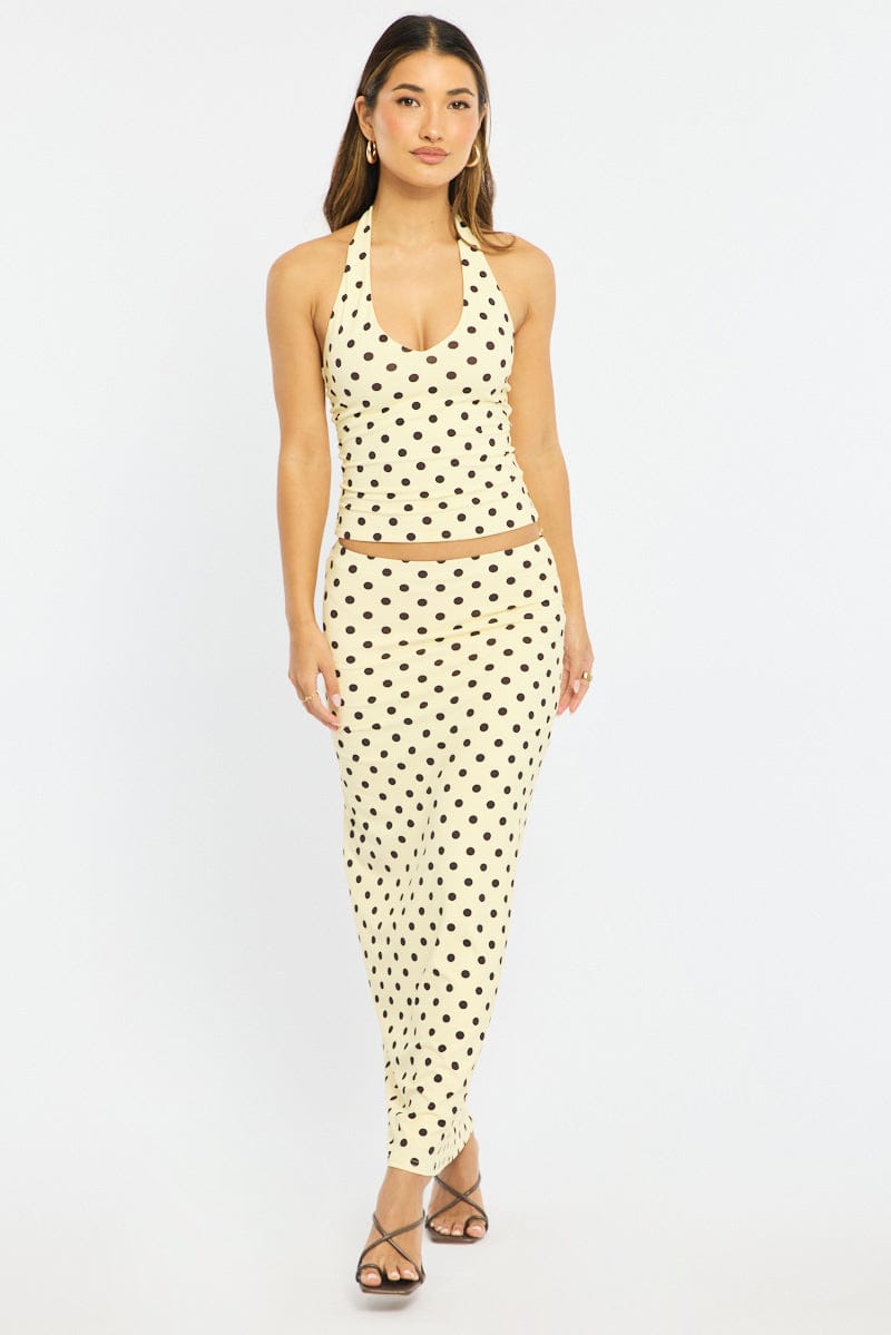 Yellow Polka Dot Supersoft Maxi Skirt Elastic Waist Lined