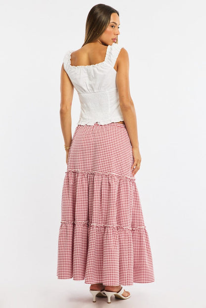 Red Check Tiered Maxi Skirt Elastic Waist Lined